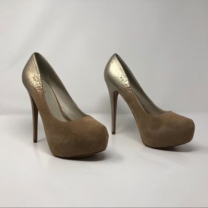 New ALDO sz. 10 platform tan suede w/gold foil
